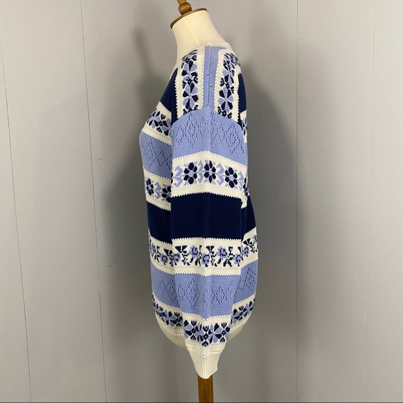 Vintage 90’s Fair Isle Striped Open-Knit Blue & Cream Sweater with Crew Neckline - Picture 3 of 12